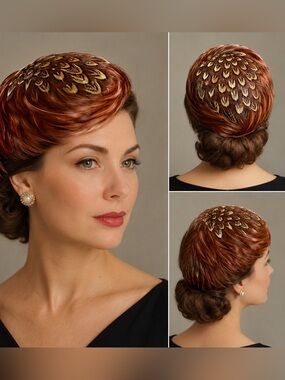 Vintage Feather Pillbox Hat in Rich Auburn and Gold